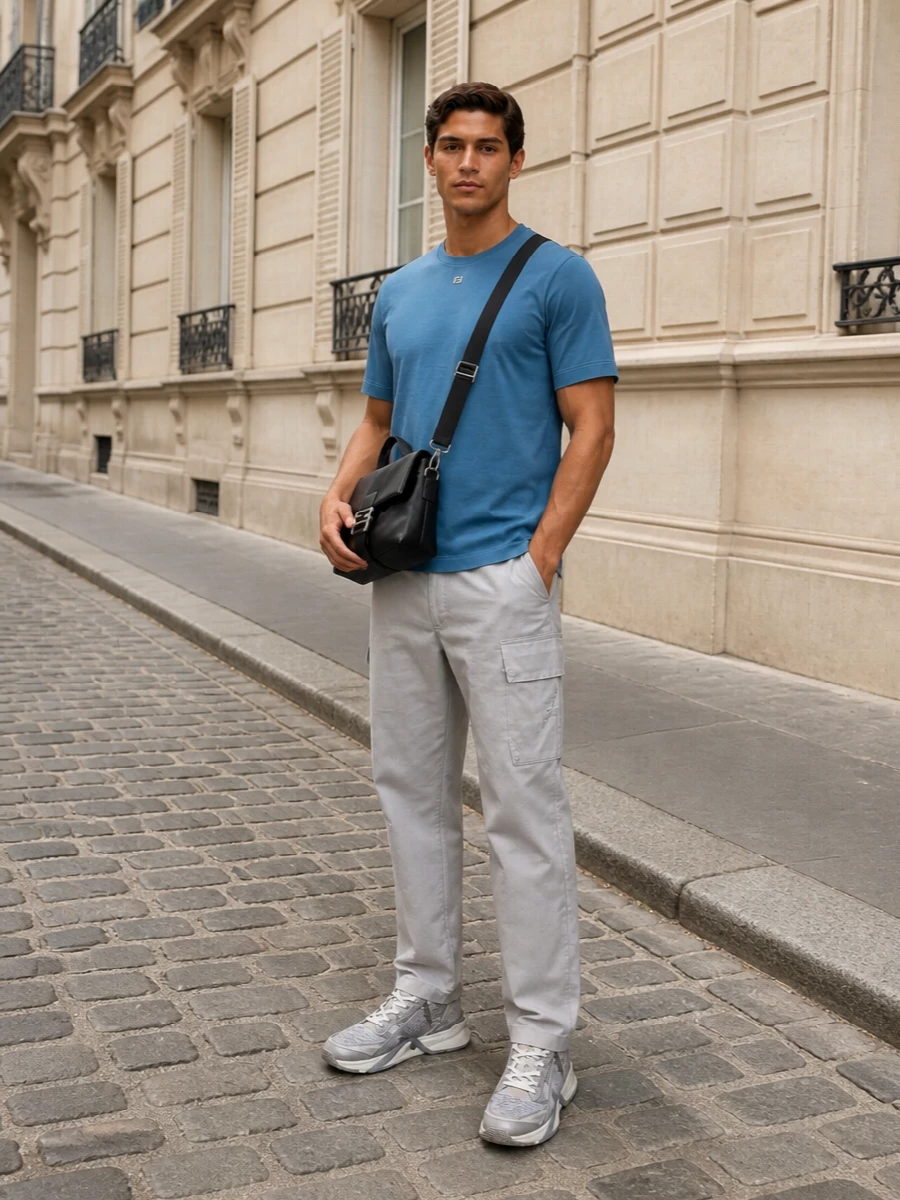 Fendi grey sneakers blue tee stone cargo