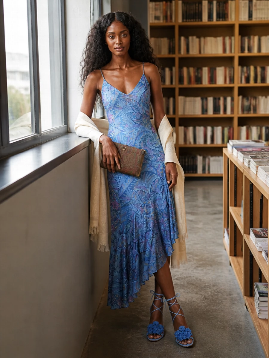 Sky-toned paisley and barely there straps keep this evening story light, romantic and a little sultry. Matching blue heels extend the line of the dress, while a compact Etro clutch and whisper-soft stole bring just enough shimmer and texture without distracting from the asymmetric slip. It is made for warm sunset dinners, garden parties and summer weddings where the print does the talking.