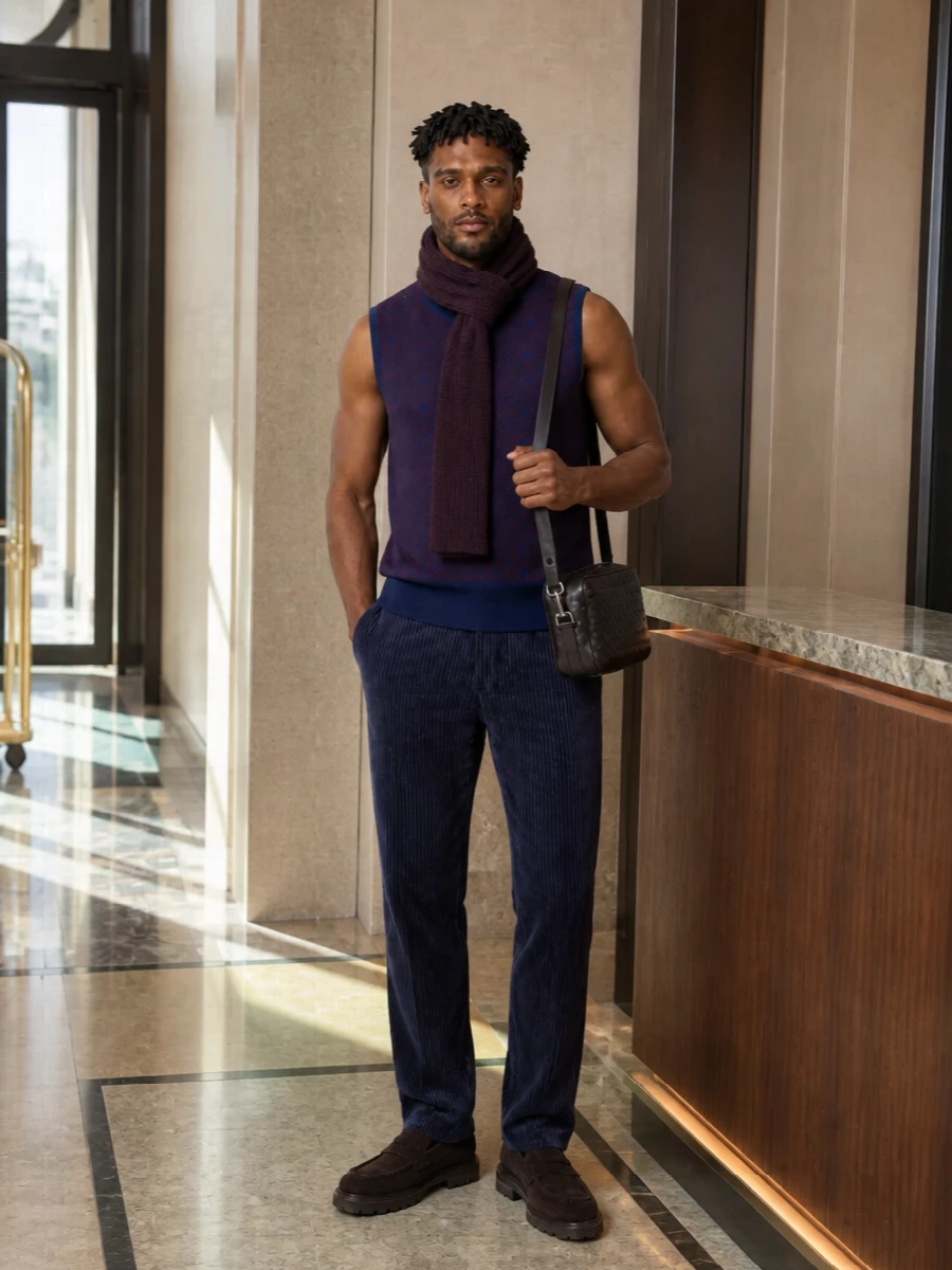 Giorgio armani navy vest striped trousers outfit