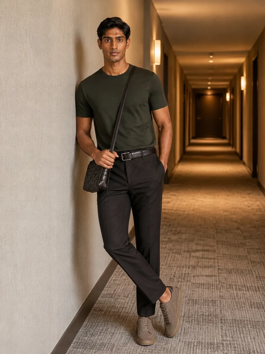 Zegna olive tee brown trousers suede sneakers
