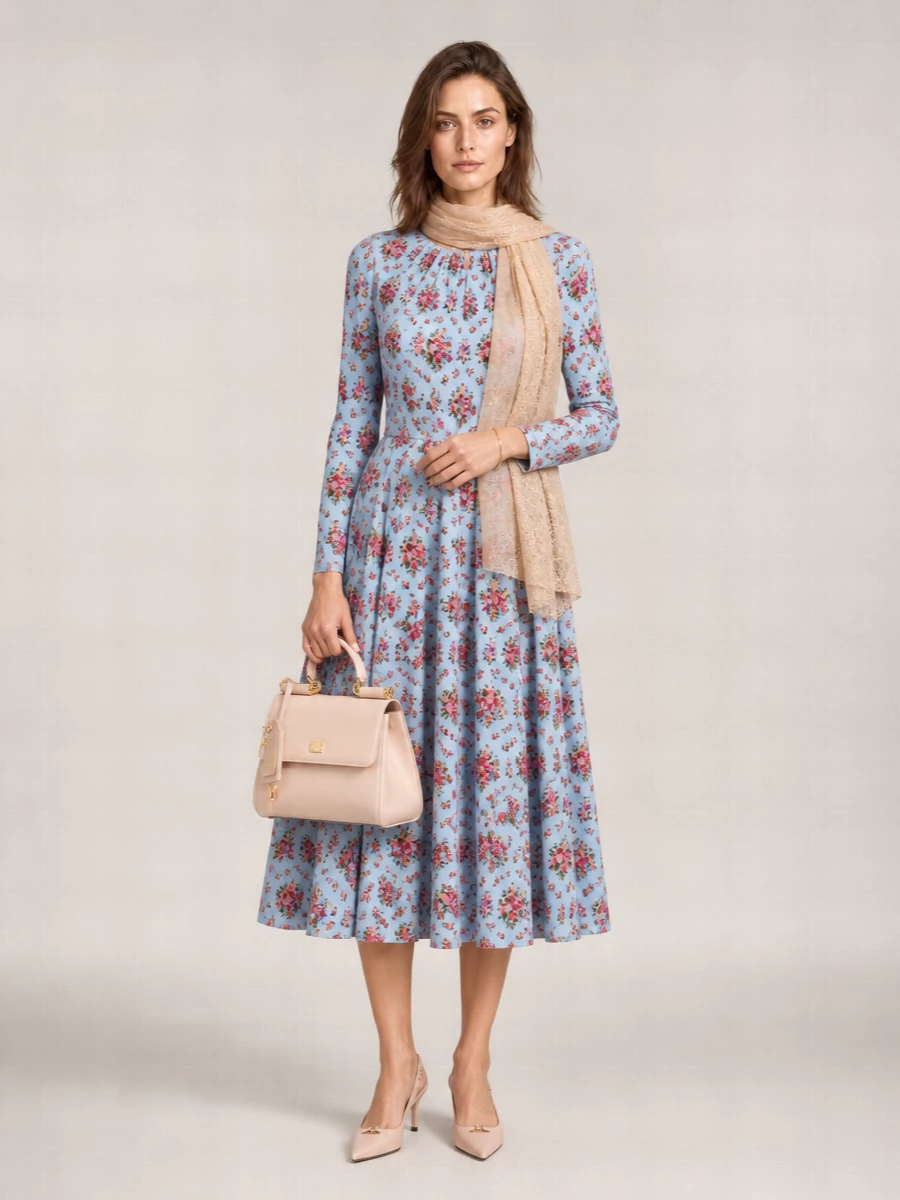 Dolce&Gabbana Silk Floral-Print Long-Sleeve Midi Dress