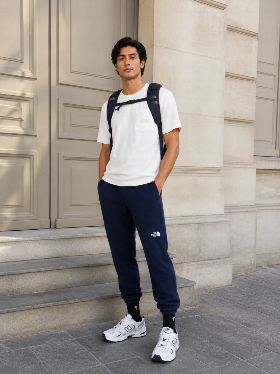 North face navy joggers new balance runners outfit