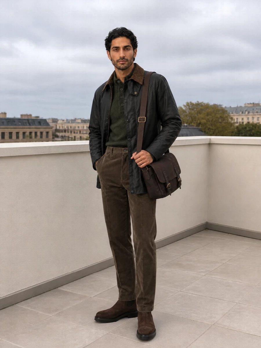 Barbour wax jacket corduroy trousers outfit