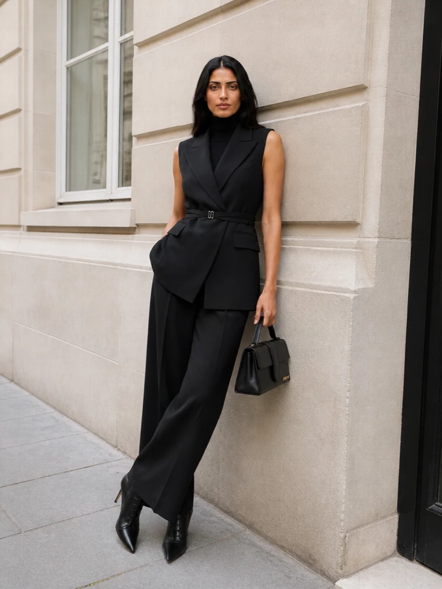 Power suit blazer black turtleneck wide leg pants