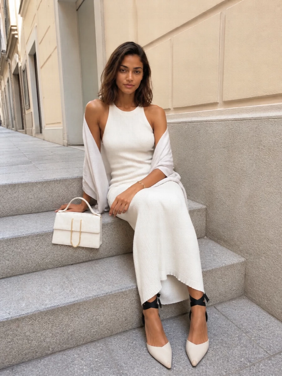 Jacquemus white halter maxi dress outfit