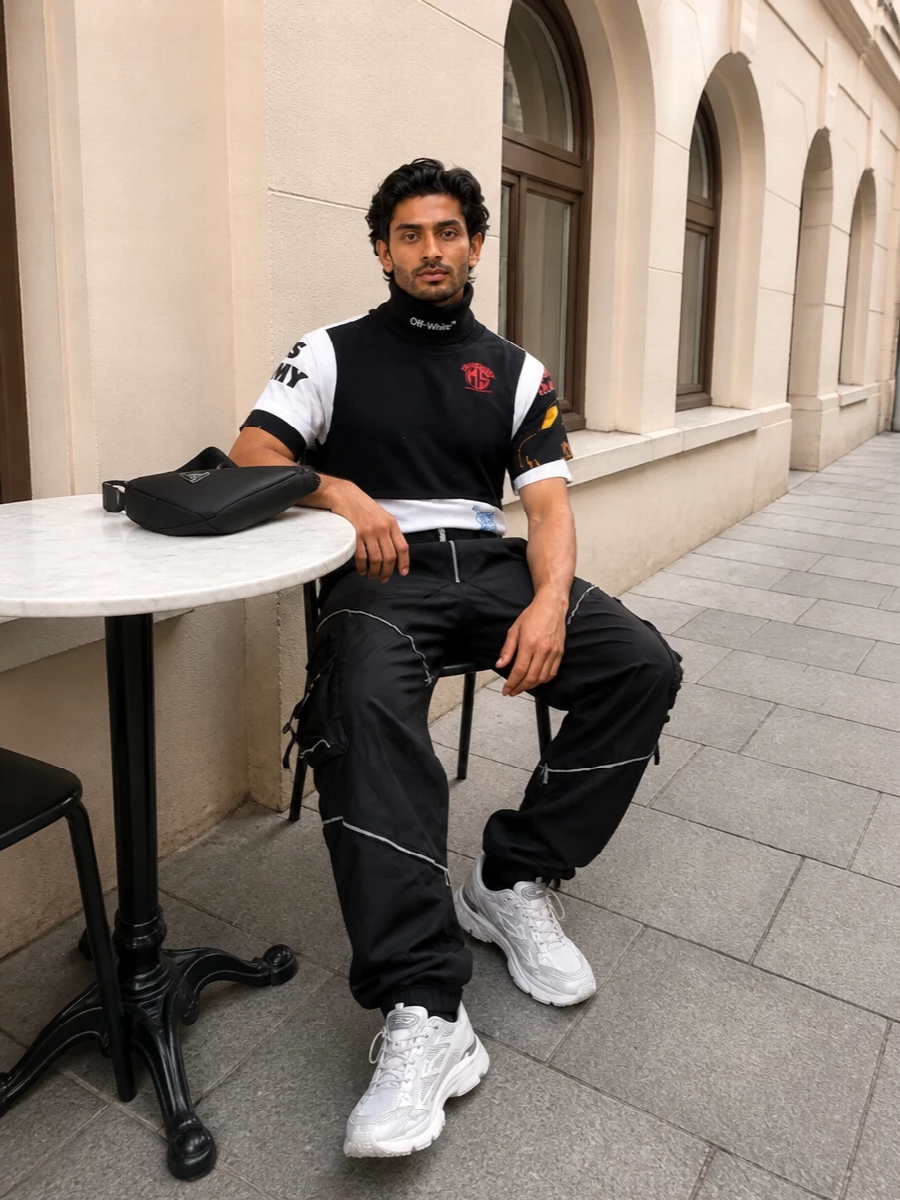 Marine serre cropped tee off white cargo pants