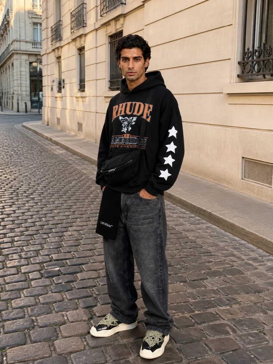 Rhude hoodie rick owens wide leg jeans outfit