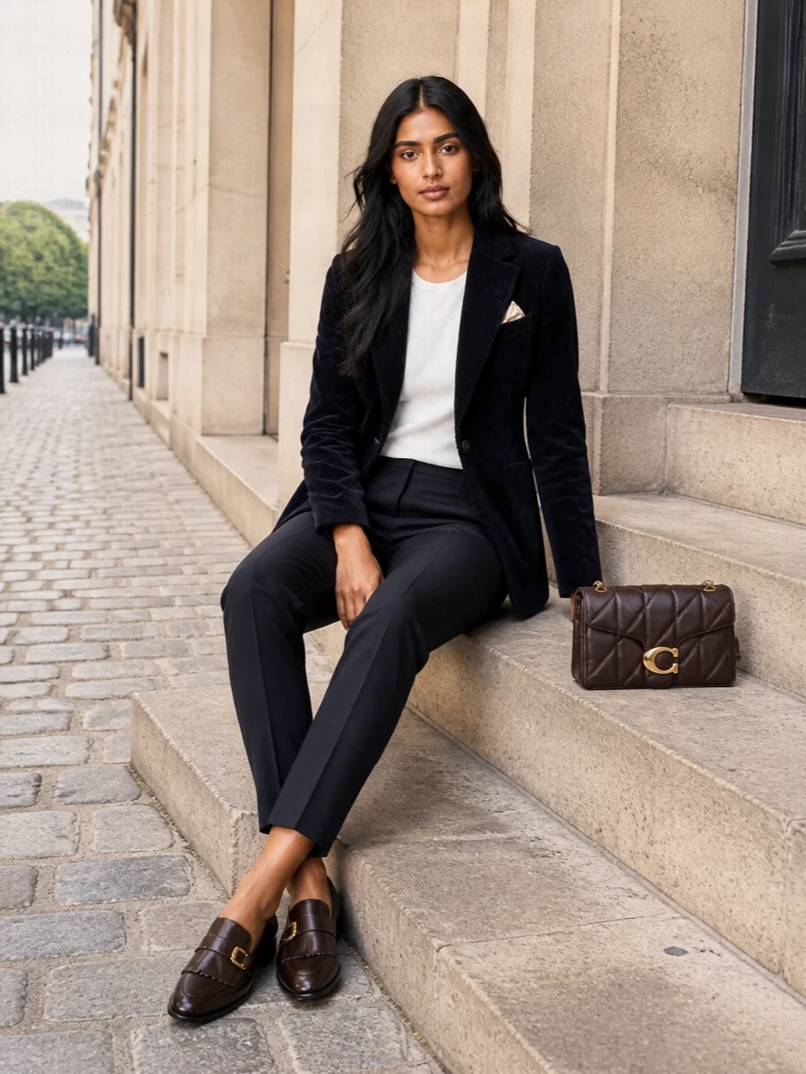 Navy corduroy tailoring meets a charcoal-navy trouser for a slim, tonal column that feels quietly assured from late meetings to restaurant tables. Chocolate leather accessories add depth without shouting, keeping the palette calm, rich and precise. The result is streamlined winter polish with just enough texture to feel interesting up close.