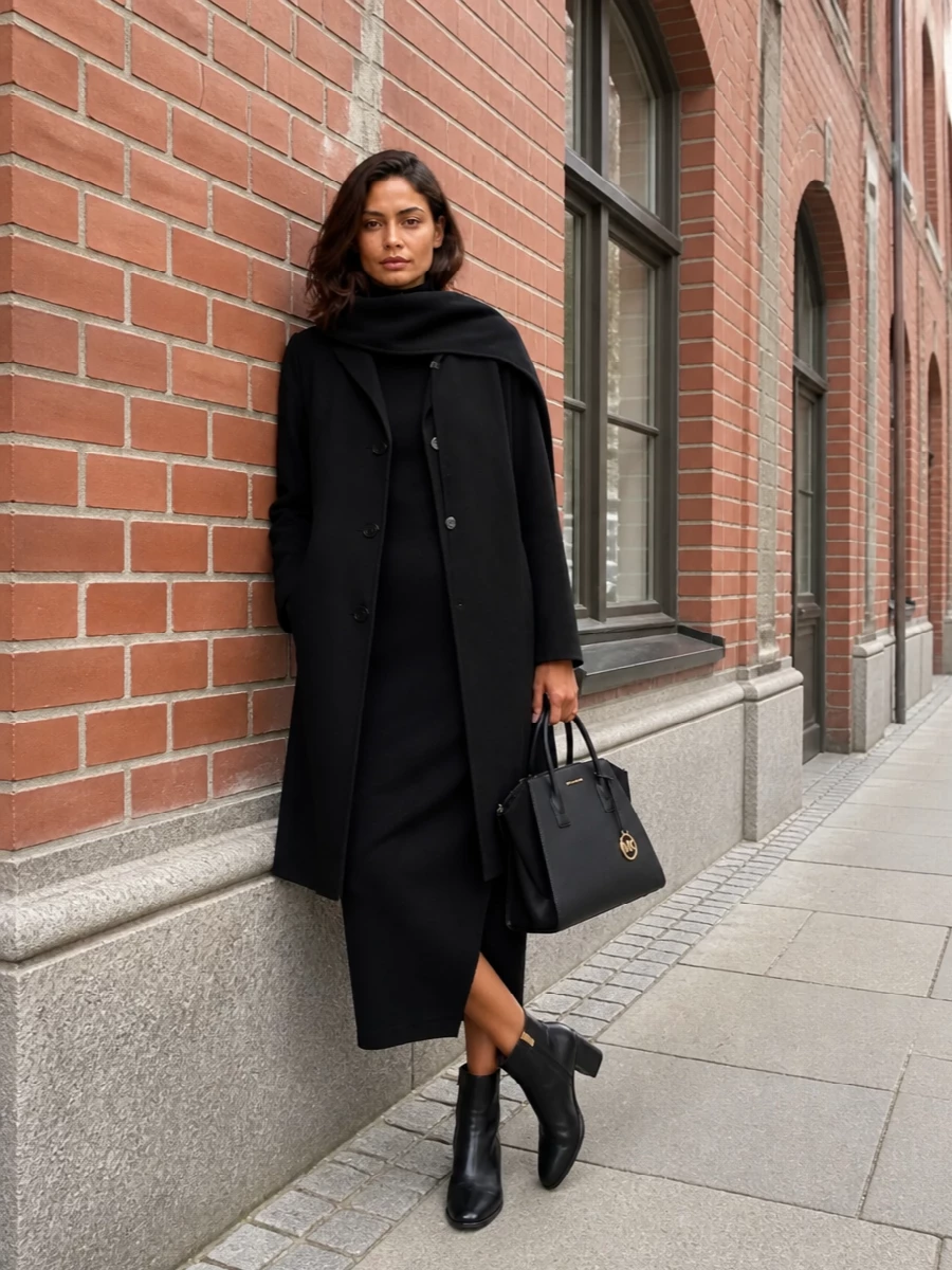 Michael kors coat black knit midi dress outfit
