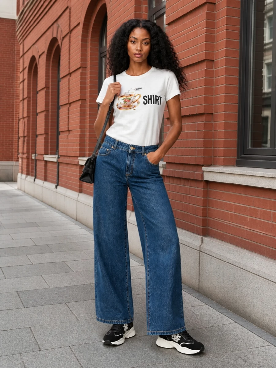 A witty Moschino tee meets relaxed wide-leg denim for a street-led take on preppy that feels easy but intentional. Chunky monochrome runners keep it practical and graphic, while a slim black Moschino shoulder bag adds just enough polish for coffee dates or low-key dinners. The result is playful branding with a clean, grown-up finish.