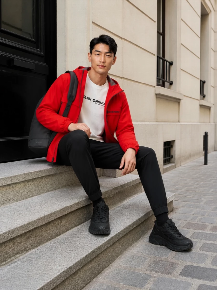 Moncler grenoble red shell jacket outfit