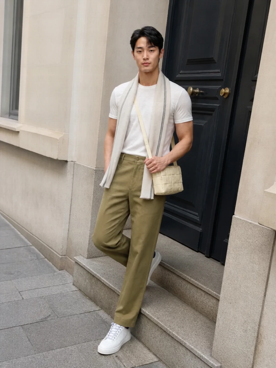 An ivory Burberry tee is grounded with muted khaki straight-leg trousers for a clean, modern take on preppy minimalism. Crisp white low-top sneakers keep the mood relaxed yet elevated, while a butter-cream intrecciato crossbody and a softly framed cream scarf add subtle texture and high-end quiet-luxury detail. The result is a refined FW uniform that feels effortless but impeccably considered in its neutrals and proportions.