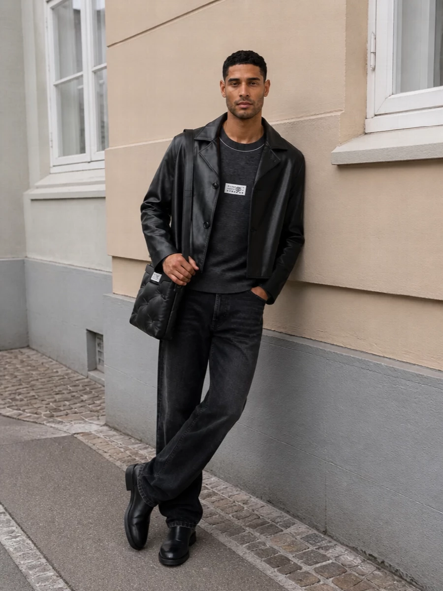 Mm6 leather jacket black jeans chelsea boots