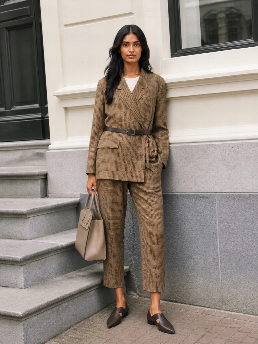 Uma wang polka suit valextra taupe tote