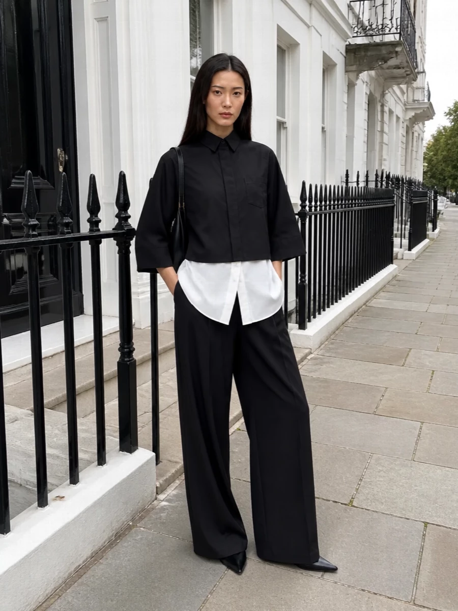 Sacai black jacket wide leg trousers outfit