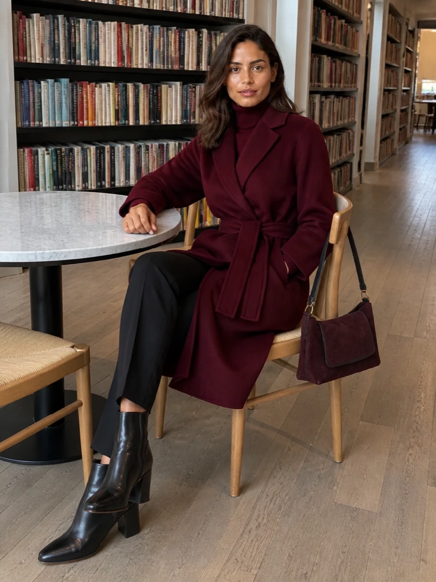 Max mara burgundy coat black tailored trousers