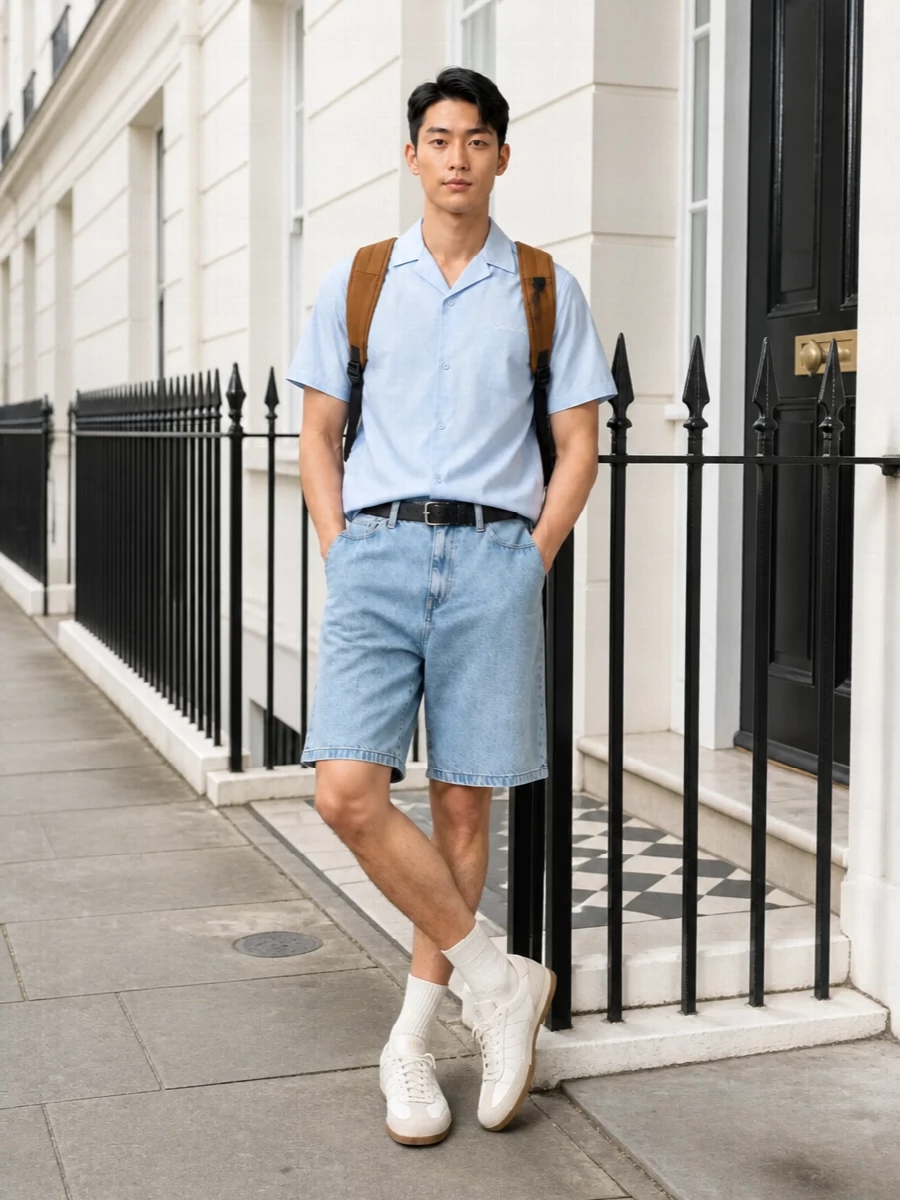 Light-wash Carhartt shorts sit with a pale blue boxy shirt for an easy, clean summer city uniform that leans relaxed but still considered. Off-white and beige retro trainers and a caramel utility backpack pull in warm neutrals, keeping the palette soft while the black belt adds a crisp, grounded finish. The result is laid-back streetwear with just enough structure to feel put together from coffee runs to long afternoons outside.