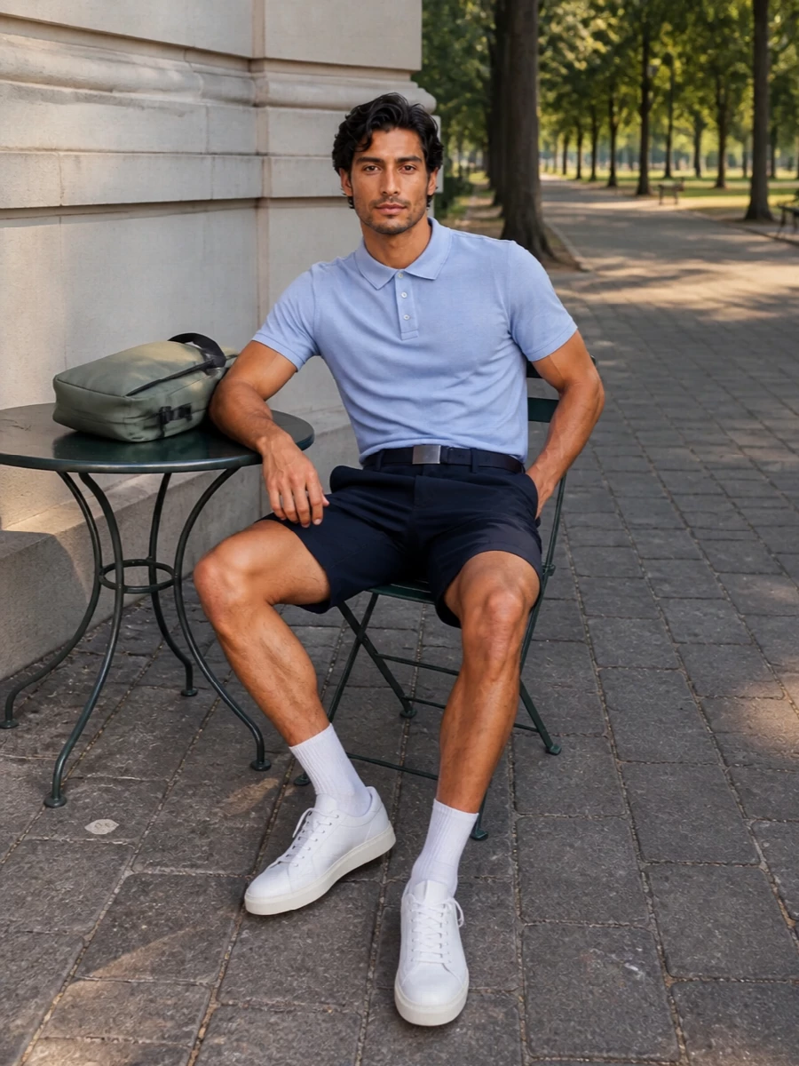 Woolrich navy shorts pale blue polo white sneakers