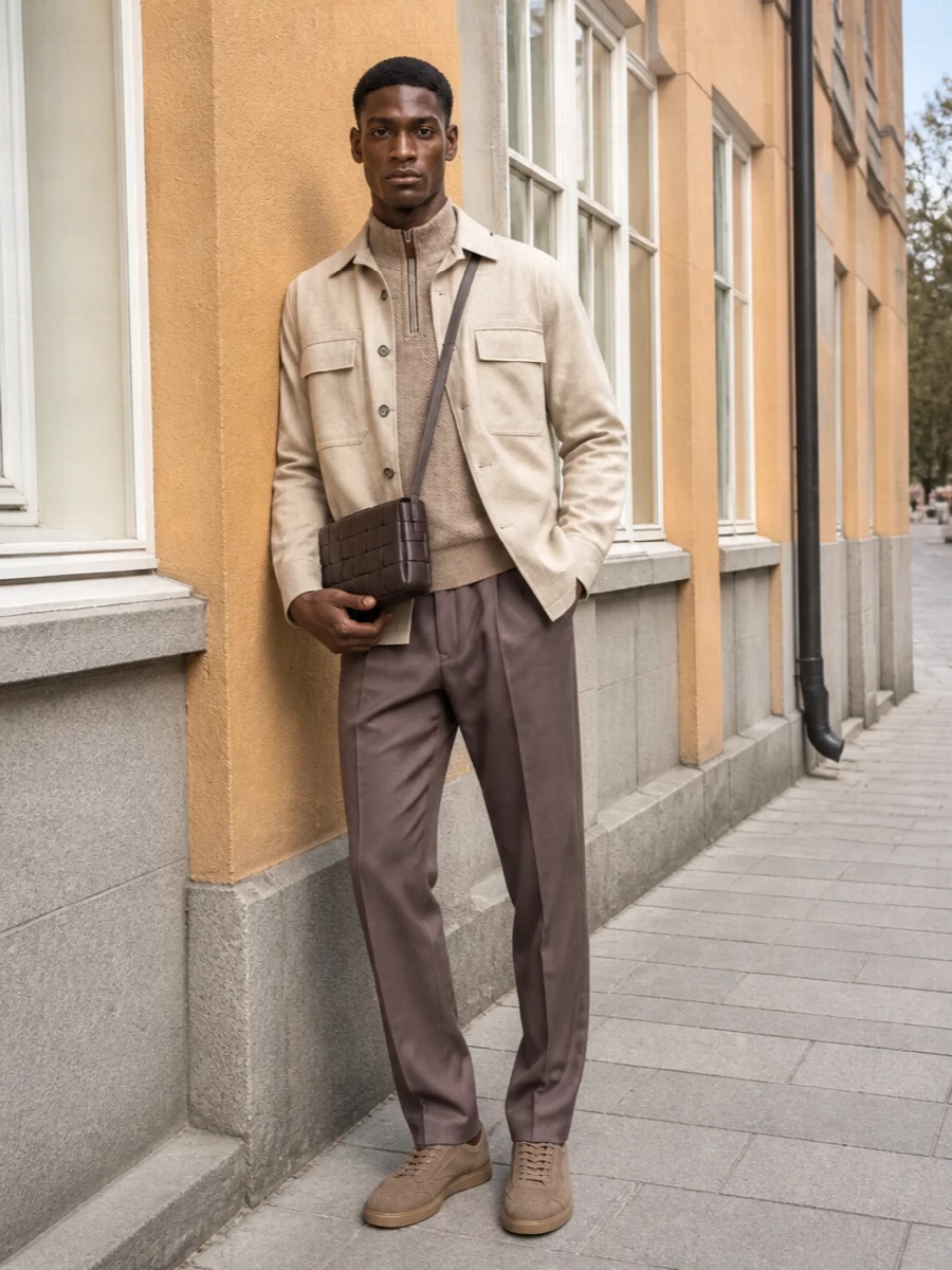 Zegna sand shirt jacket taupe trousers outfit