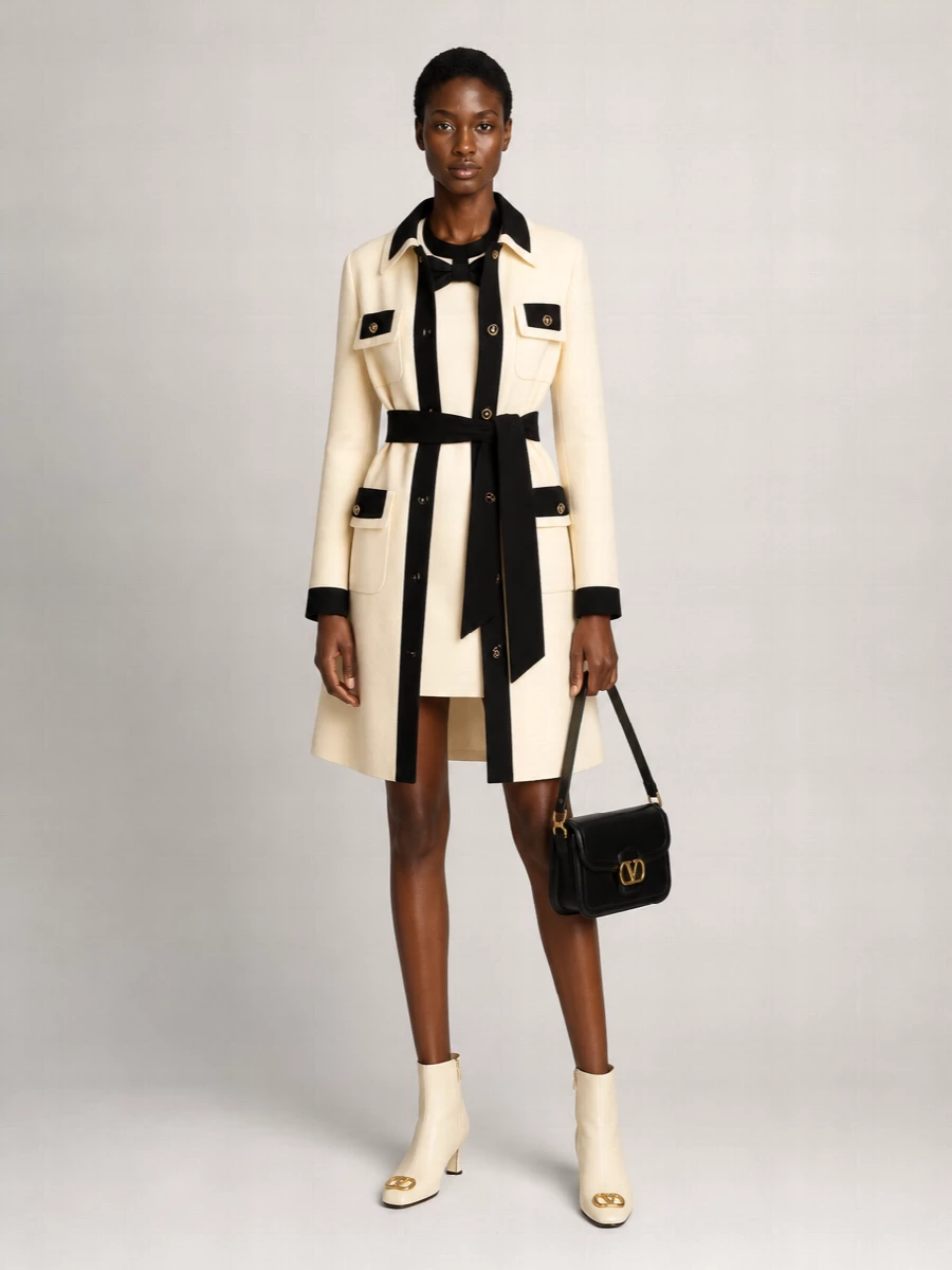 This reads as a sharp winter cocktail ensemble, with the cream-and-black halter mini echoing the graphic trim of the belted Valentino coat. I chose the dress route over tailoring because the coat already provides strong structure, and the mini’s clean A-line balances that precision with ease while keeping the monochrome palette tight. Cream ankle boots and a black gold‑hardware bag complete a quietly commanding, gallery-to-dinner uniform.