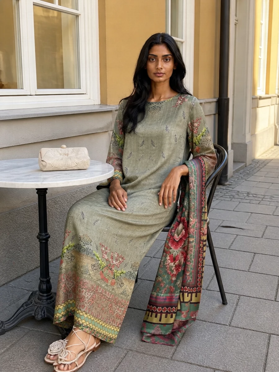 Sage, dusty rose, and soft gold sit in quiet conversation here, with the fluid printed dress grounded by barely-there cream lace-up flats. A buttercream framed clutch and tapestry-like floral scarf keep the mood romantic and bohemian, perfect for gallery afternoons that slip easily into open-air dinners.