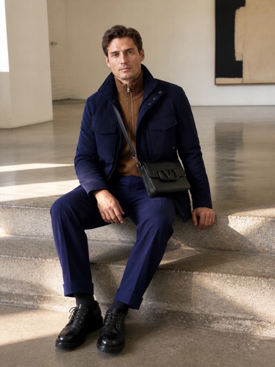 Ink navy tailoring with a military nod meets warm camel knitwear for a modern, composed winter uniform. Pleated ink trousers and black utility boots keep the line strong and grounded, while a clean black shoulder bag adds discreet structure without crowding the silhouette.
