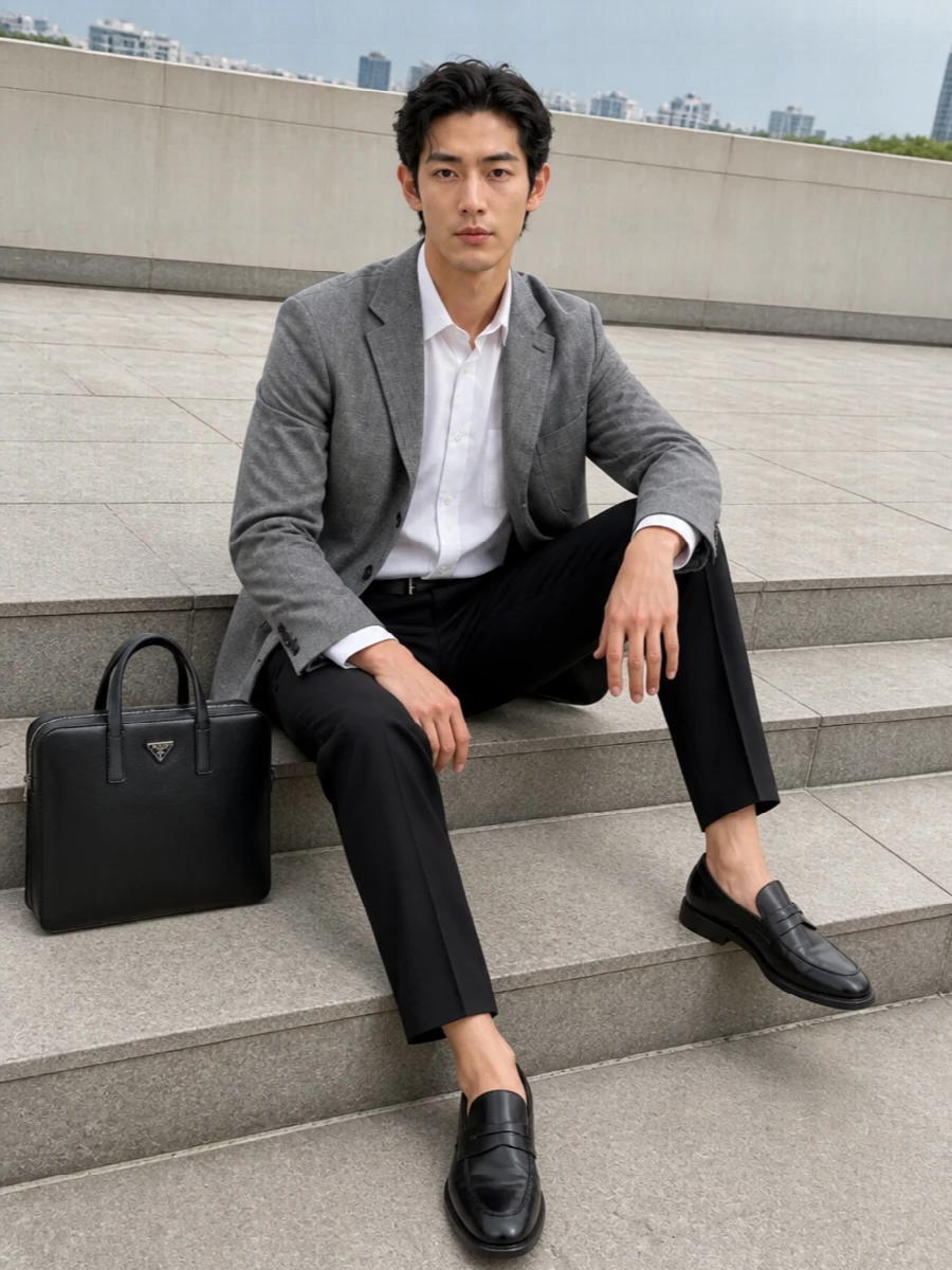 Etro’s ink trousers and softly structured grey blazer create a modern summer tailoring story that feels composed rather than corporate. The black Tod’s loafers and Prada briefcase sharpen the mood, while the precise black belt quietly ties everything together. It is a boardroom-ready combination that still feels relaxed enough for a late dinner reservation.