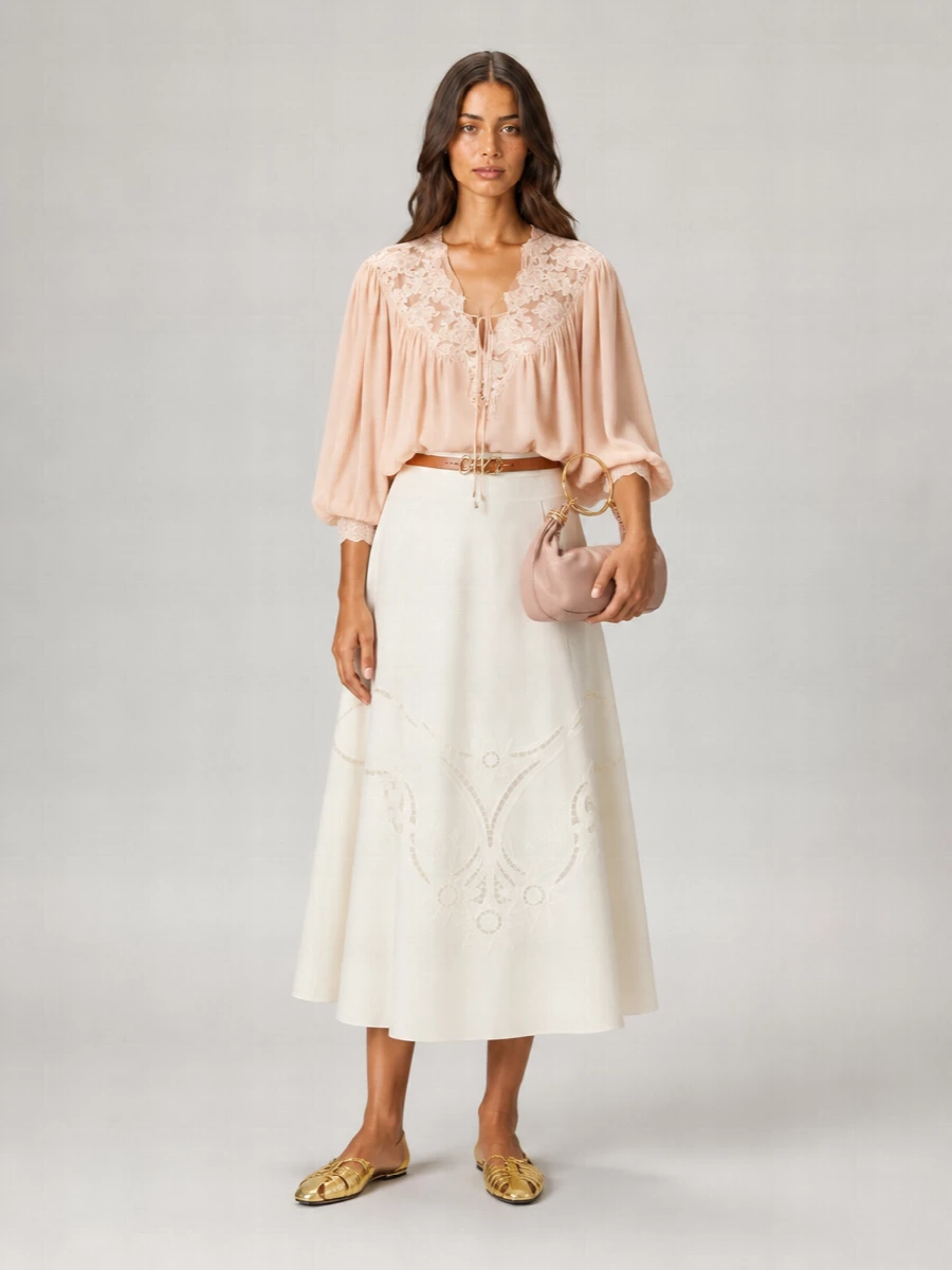 Chloé Silk Lace-Trim V-Neck Blouse
