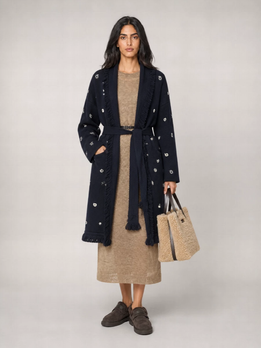 Alanui Virgin Wool Belted Fringed Bandana-Jacquard Cardigan