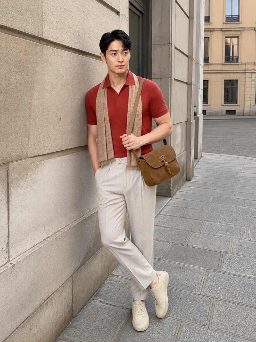 This look pairs the terracotta knit polo with light stone pleated trousers for a refined, sunlit palette that feels effortless yet considered. Sand-suede sneakers keep the mood relaxed and modern, while the camel-suede crossbody and featherlight scarf add tonal depth and texture without disturbing the minimalist, quiet-luxury attitude. It’s an easy, polished ensemble for warm days when you still want structure and sophistication.