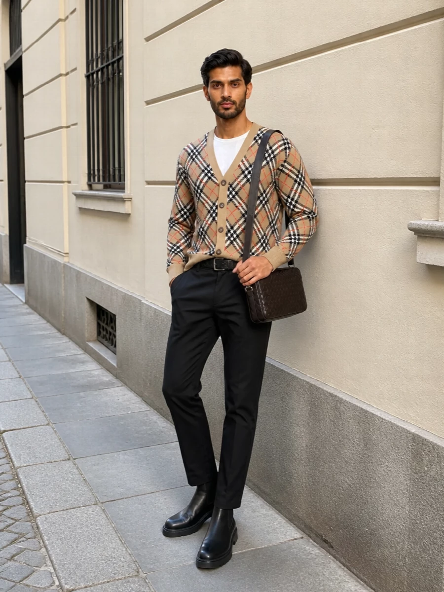 Burberry cardigan black chinos chelsea boots outfit