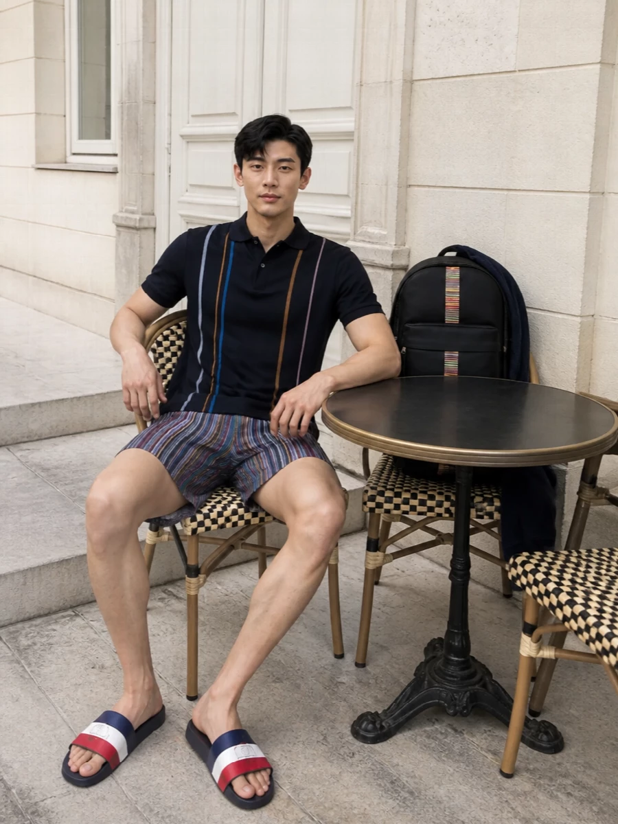 A navy-striped Paul Smith polo reins in the graphic swim shorts, keeping all the colour but channelling it into a cleaner, more streamlined upper half. Moncler slides and the striped Paul Smith backpack echo the inky base and multicolour accents, so everything feels intentional from lounger to pool bar. The result is sporty, confident and distinctly polished for a day spent in and out of the water.