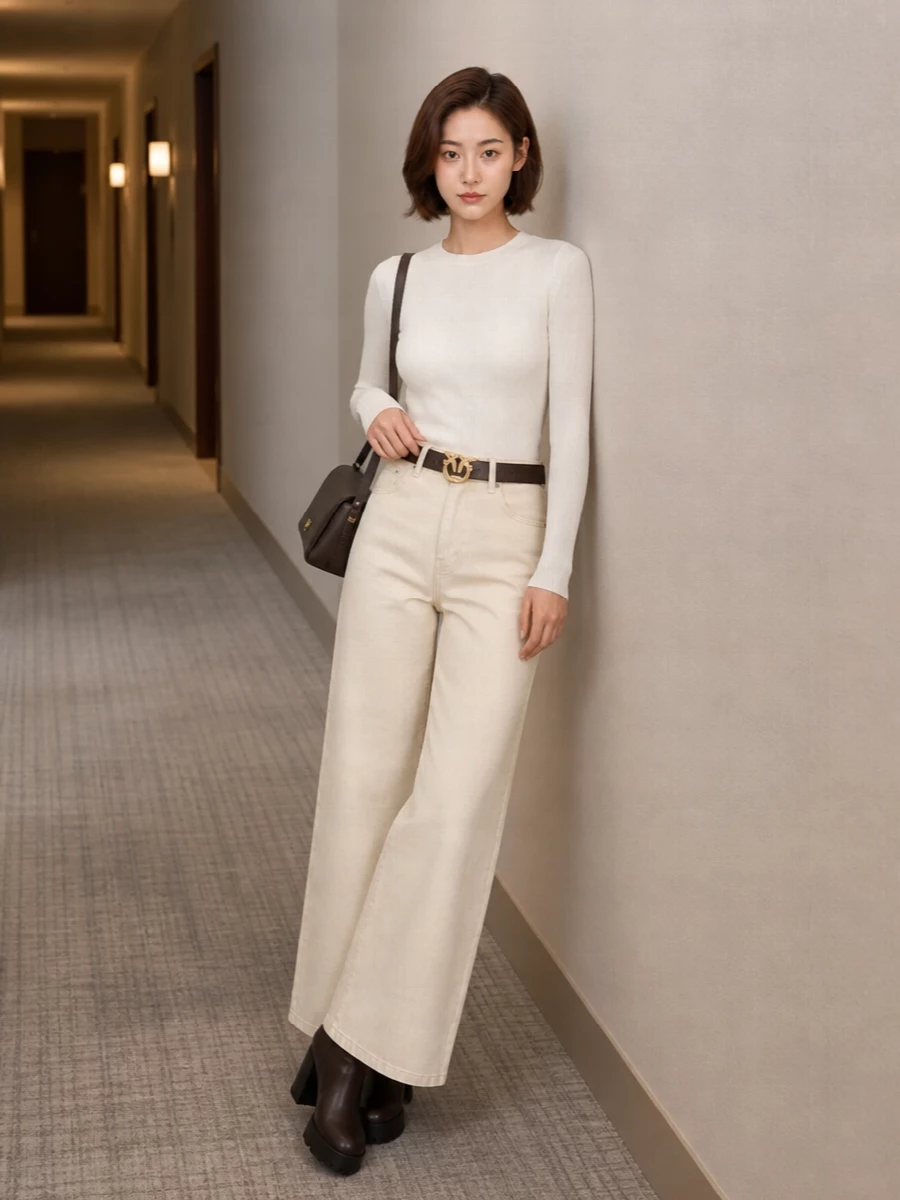 Pinko wide leg jeans ivory knit brown boots