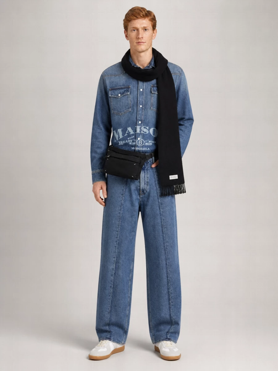 Mm6 Maison Margiela Denim Logo Print Long Sleeve Overshirt