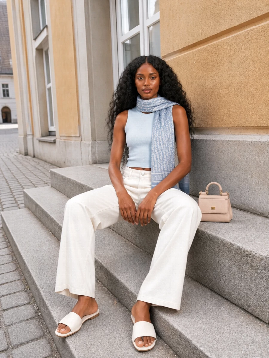 Dolce gabbana blue crop top ivory wide leg pants