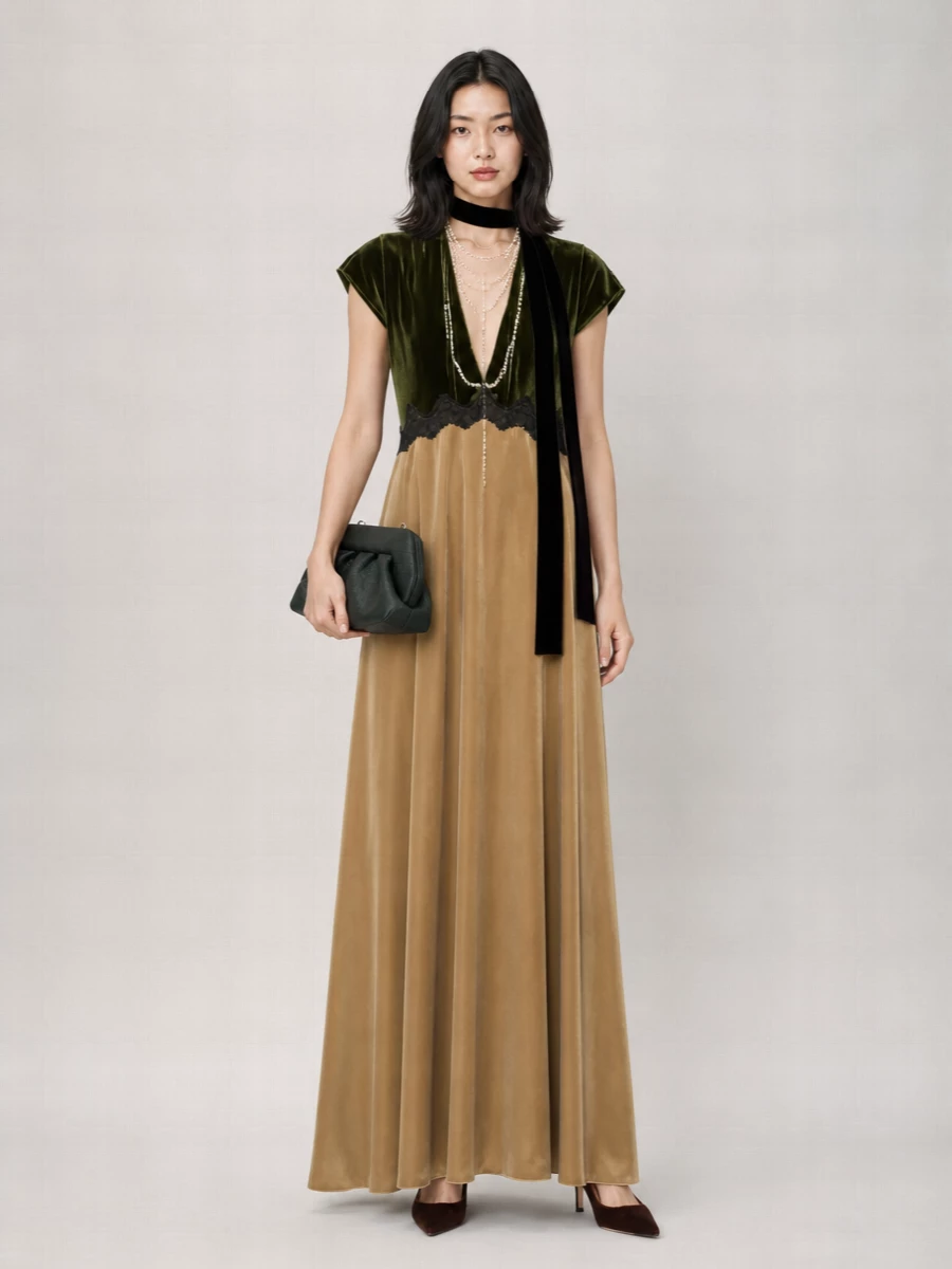 Forte Forte velvet lace trim v-neck short-sleeve maxi dress