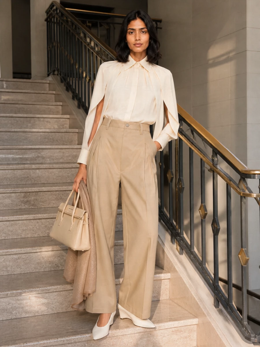 Camel pleated tailoring meets sculpted ivory volume for a uniform that feels precise without reading stiff. The high-rise wide leg is grounded by clean white wedges, while buttercream leather and a soft tonal scarf keep the palette warm and cohesive. It is an office-ready combination that can stretch easily into dinner without a change of pieces.