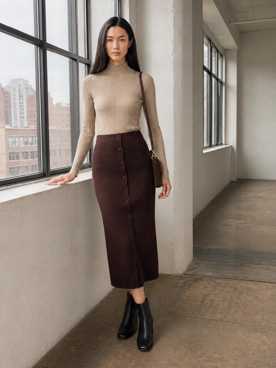 A warm beige mock-neck and chocolate ribbed midi skirt build a lean knit column that feels soft yet precise. Black sculptural ankle boots sharpen the lines, while a chocolate suede cross-body keeps the mood discreet and quietly rich. It is a calm, city-ready outfit that moves easily from daytime meetings to intimate dinners in cooler weather.