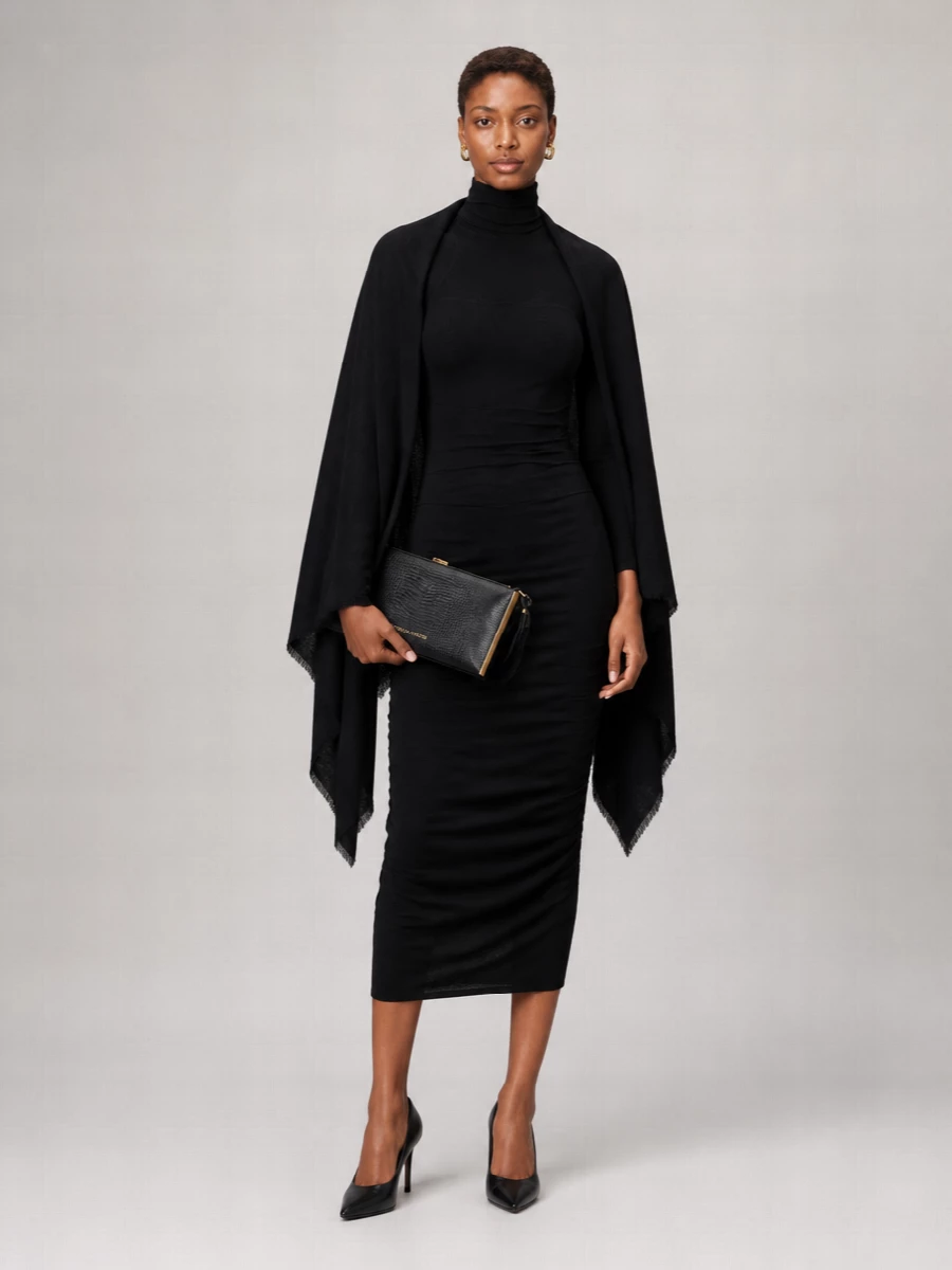 Elisabetta Franchi Draped Ribbed High-Neck Long-Sleeve Midi Dress