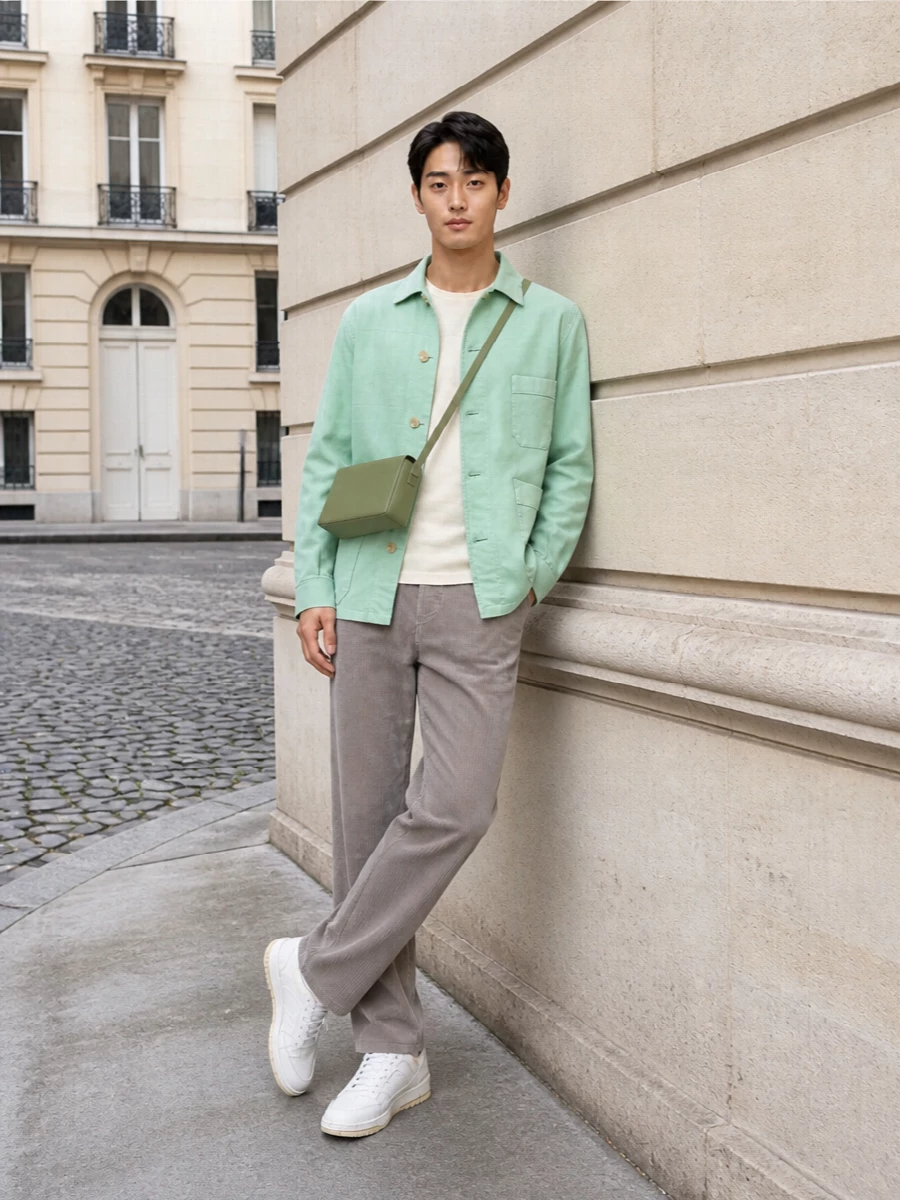 Auralee’s mint chore jacket is grounded with soft cream and warm taupe, letting the color feel modern rather than loud. Straight, easy lines in corduroy and clean sneakers keep the silhouette calm and purposeful. The olive crossbody adds a gentle tonal shift that still sits firmly in the quiet, utilitarian space.