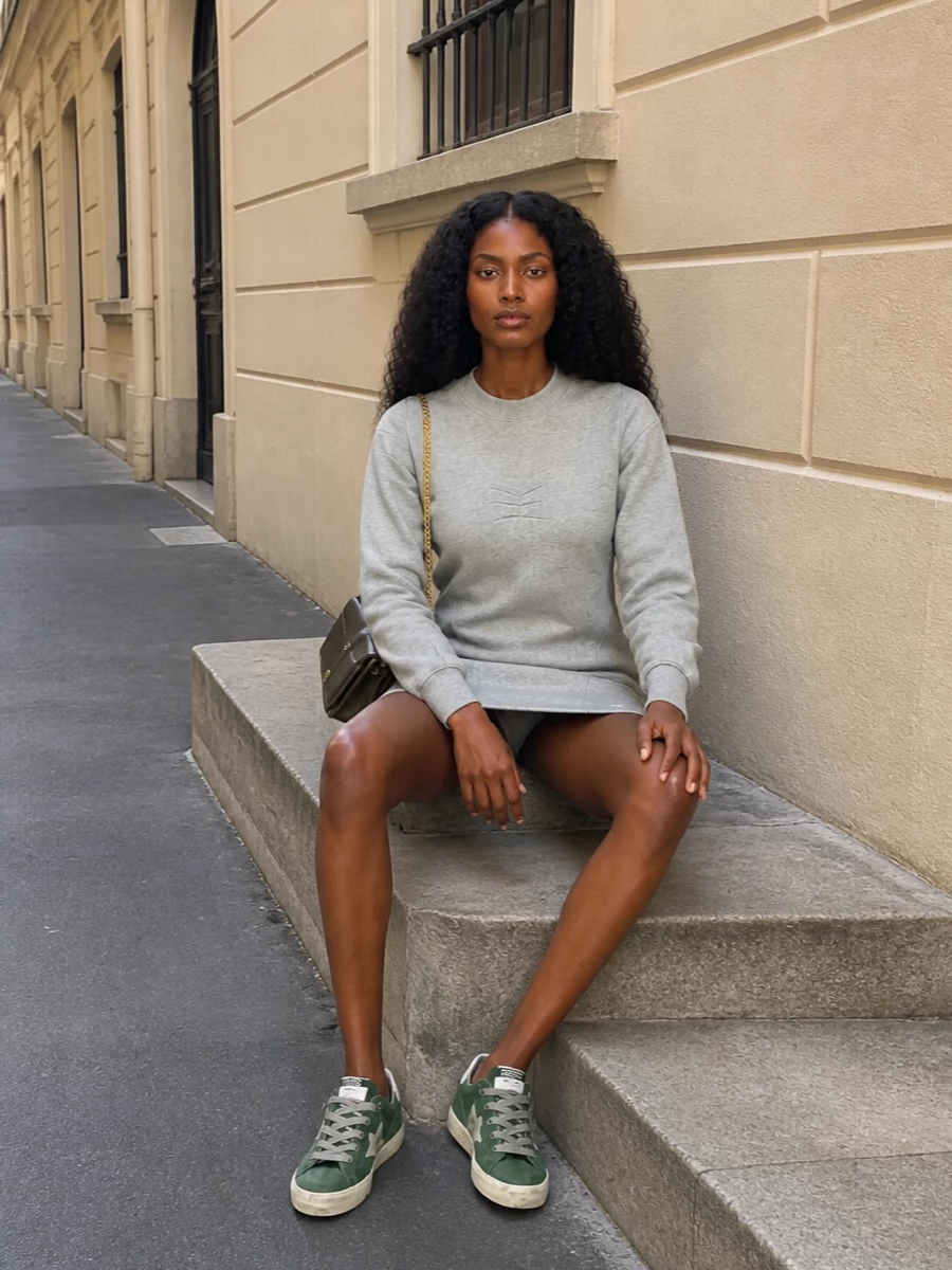 This is a sport-leaning streetwear outfit built around a sculpted sweatshirt dress and lived-in Golden Goose sneakers, all in a soft grey and forest-green story. The metallic chain-strap bag lifts the jersey base with a touch of polish, creating an easy day-to-night option that still feels grounded and relaxed. I chose the dress path over top-and-wide-leg trousers here because the mini length and clean one-piece line let the low-top sneakers stay visible and keep the whole styling feeling lighter and more playful.
