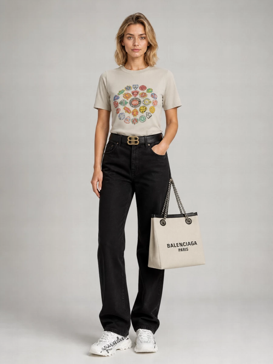 Balenciaga Logo Print Cotton Crew Neck Short Sleeve T-Shirt