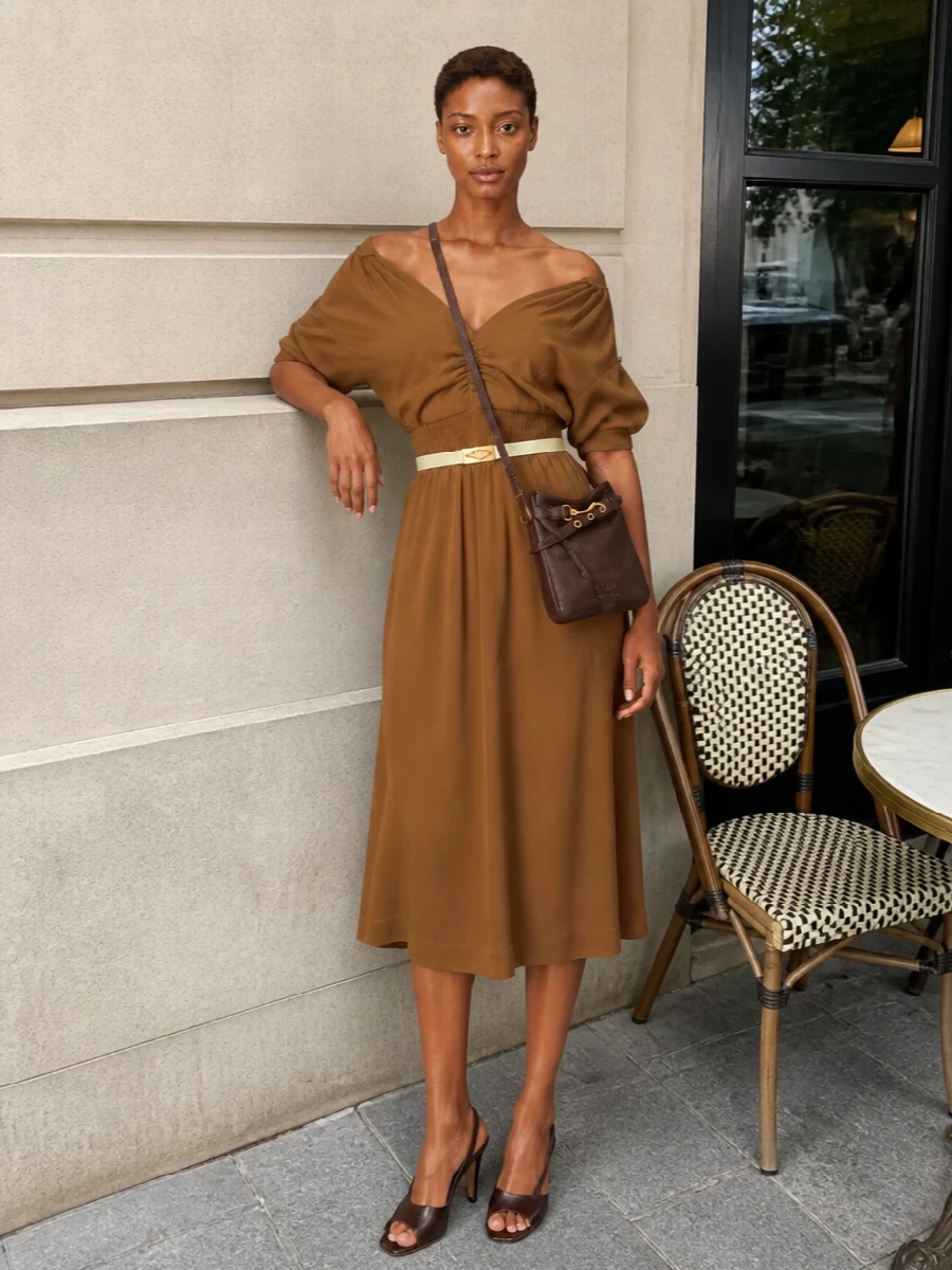 I chose the dress route, letting the camel off-shoulder midi sit cleanly with the butter-yellow Bottega belt for a warm, tonal column that feels refined and softly sensual rather than over-styled. Deep chocolate slingbacks and a compact cross-body add just enough structure and preppy polish, keeping everything in a high-end but discreet register. The result is a quietly confident evening ensemble that moves easily from a smart restaurant to a low-lit bar without ever feeling loud.