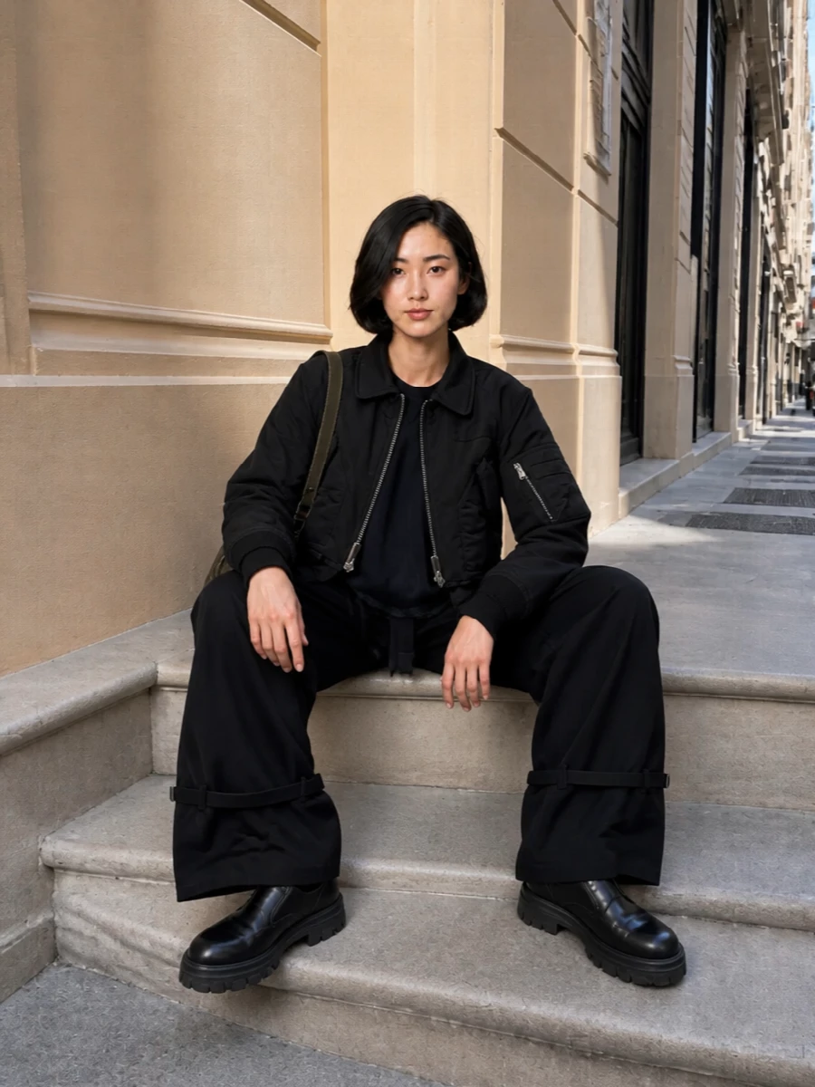 Sacai bomber wide leg cargo combat boots