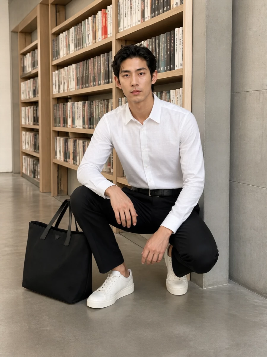 Emporio armani white shirt navy trousers outfit
