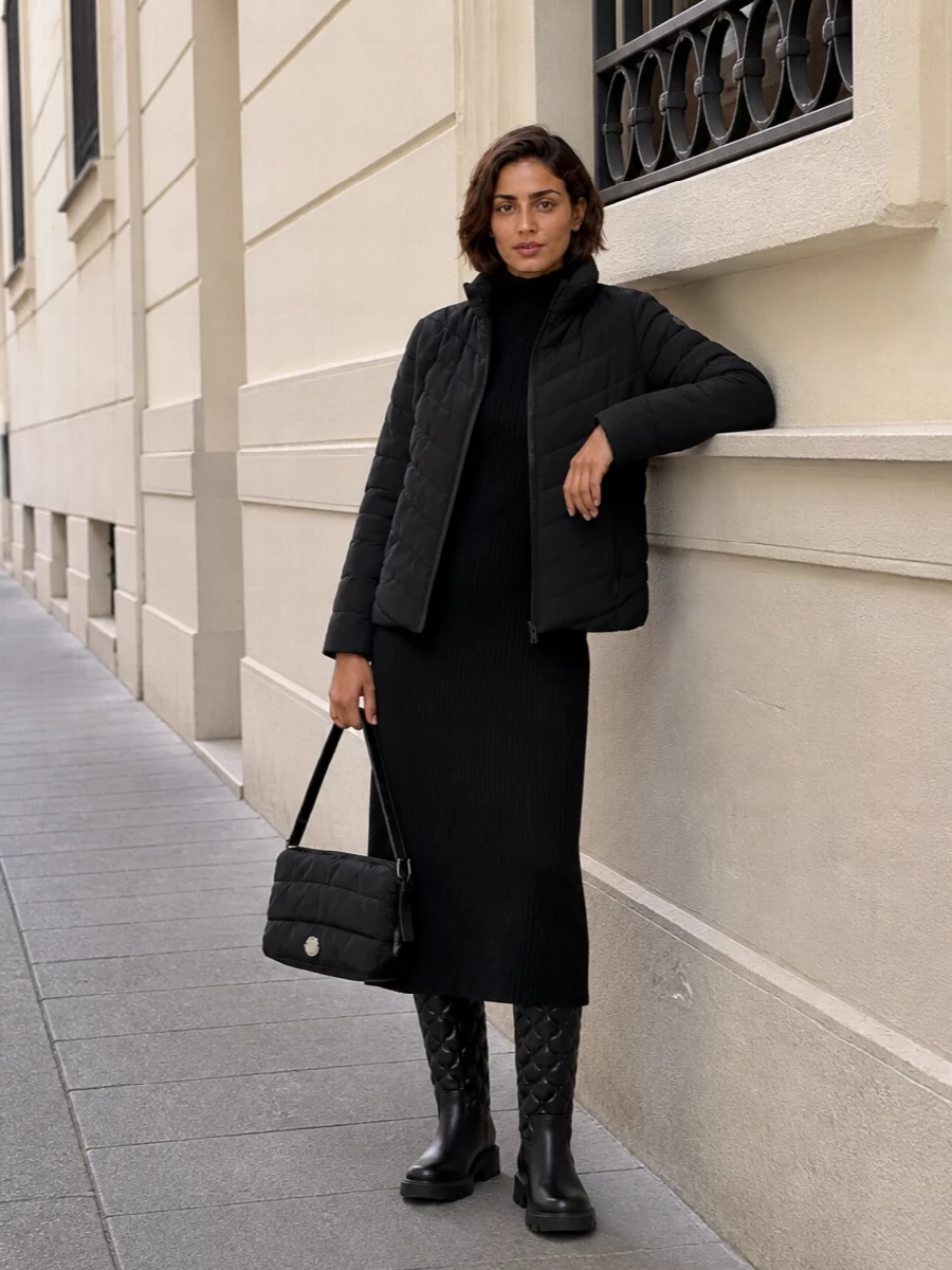 Moncler boots black puffer jacket knit dress