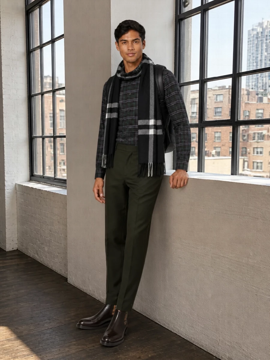 Burberry tartan shirt olive trousers chelsea boots