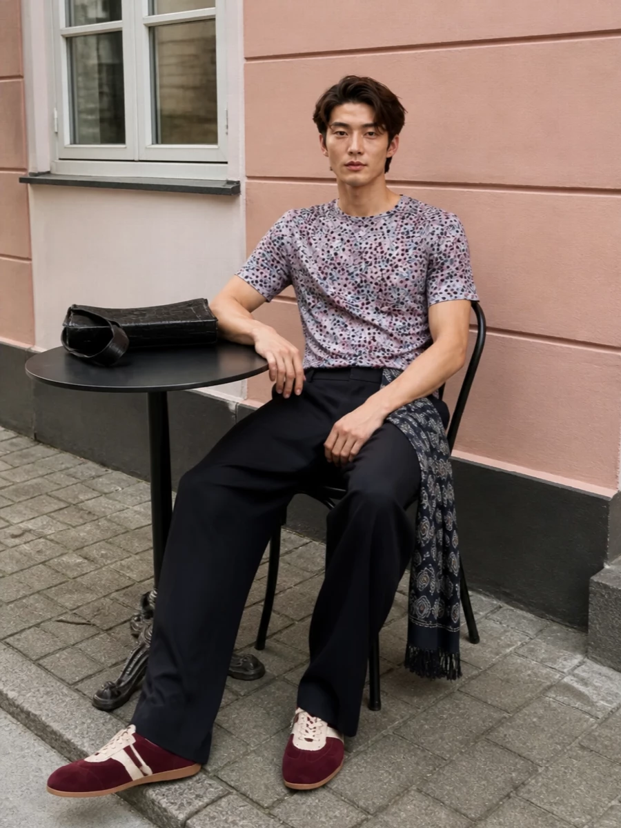 Dries van noten floral tee wide leg navy trousers