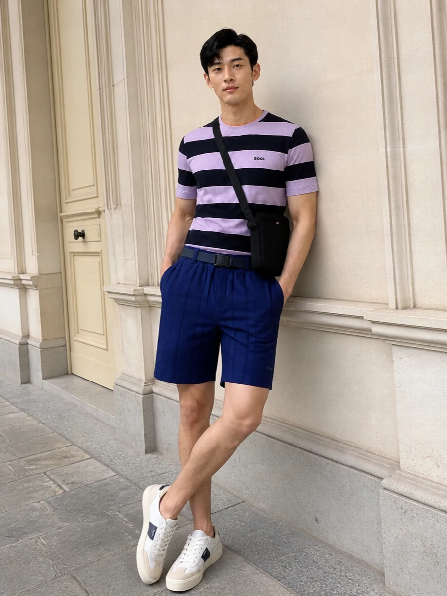 Boss striped tee navy shorts sneakers