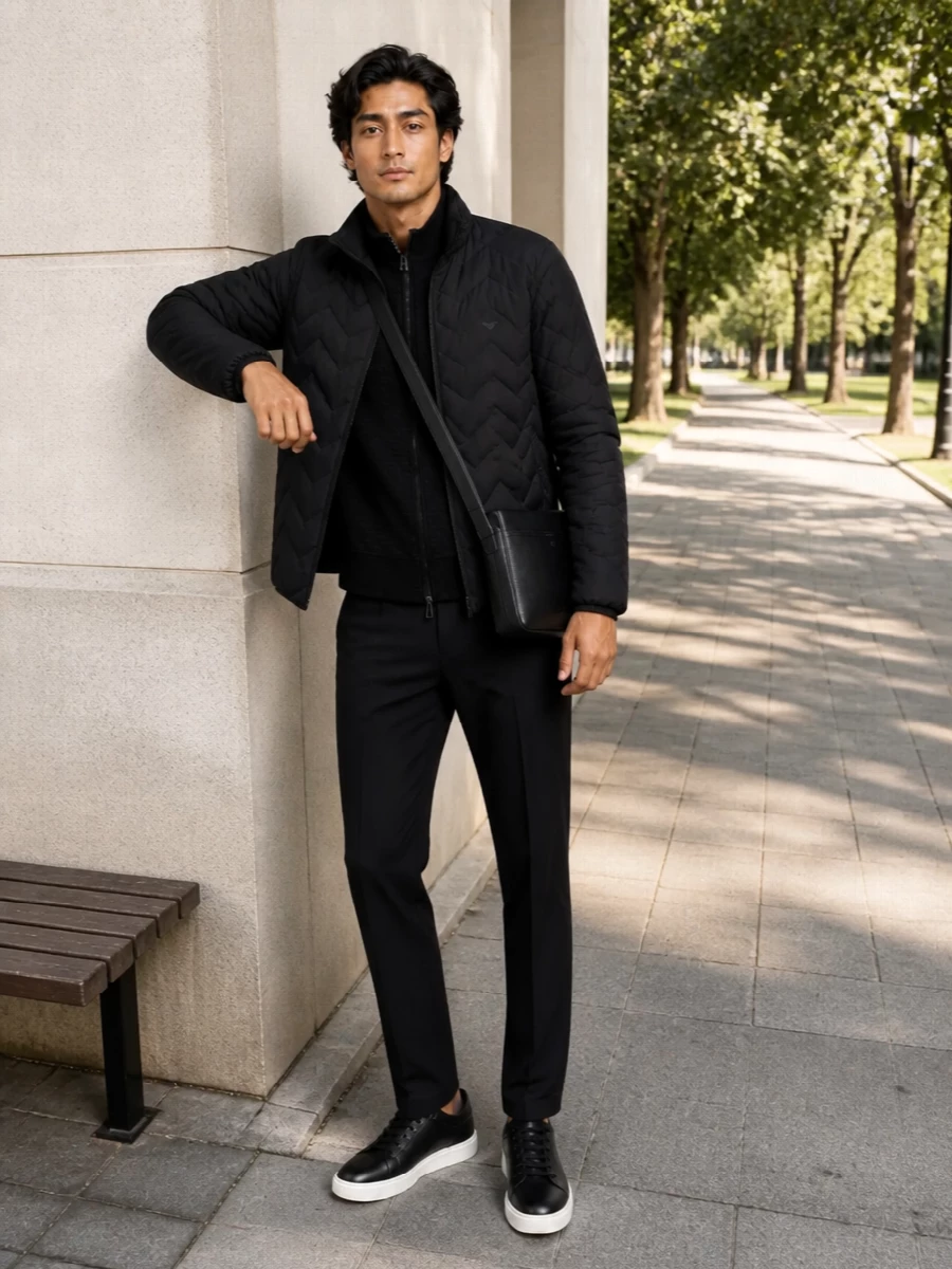 Emporio armani black padded jacket sneaker outfit